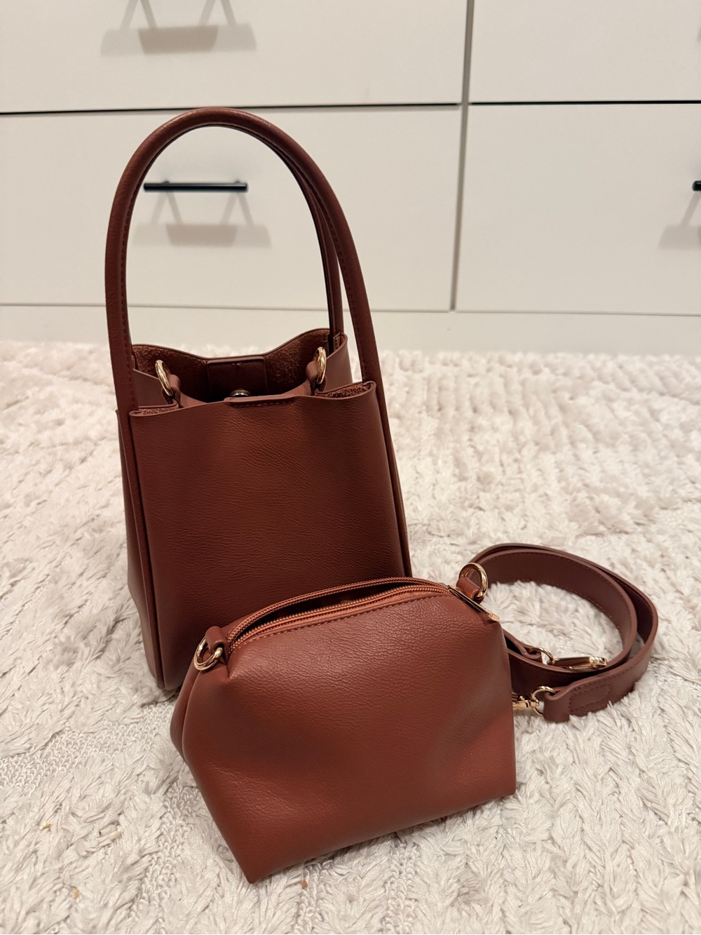 Anthropologie Two-Piece Mauve Brown Leather Tote and Pouch Set